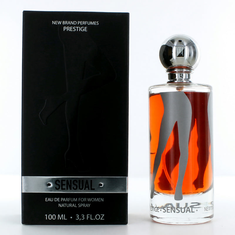 Sensual by New Brand 3.3 oz women’s EDP spray bottle, elegant packaging for a floral and sensual fragrance.