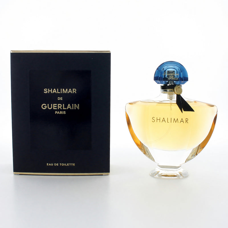 Guerlain Shalimar 3 oz EDT spray for women, elegant glass bottle with gold accents, showcasing the classic fragrance design