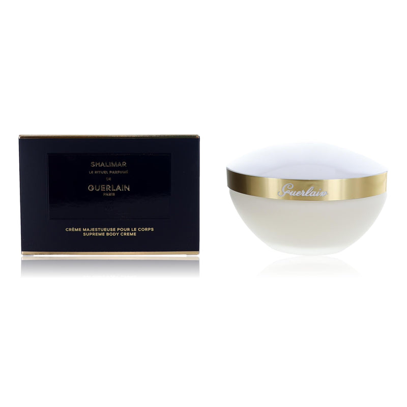Guerlain Shalimar Supreme Body Creme jar, 6.7 oz, luxurious moisturizing cream for women with elegant packaging visible
