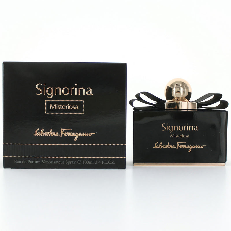 Salvatore Ferragamo Signorina Misteriosa 3.4oz women’s EDP spray bottle with elegant packaging and floral design.
