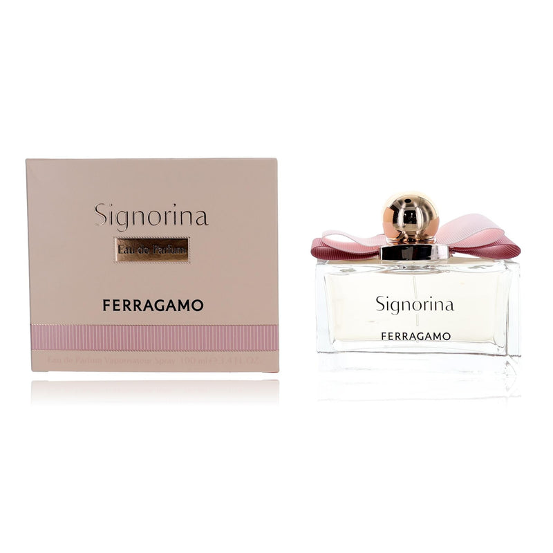 Salvatore Ferragamo Signorina 3.4 oz women's EDP spray bottle with elegant packaging and floral perfume design