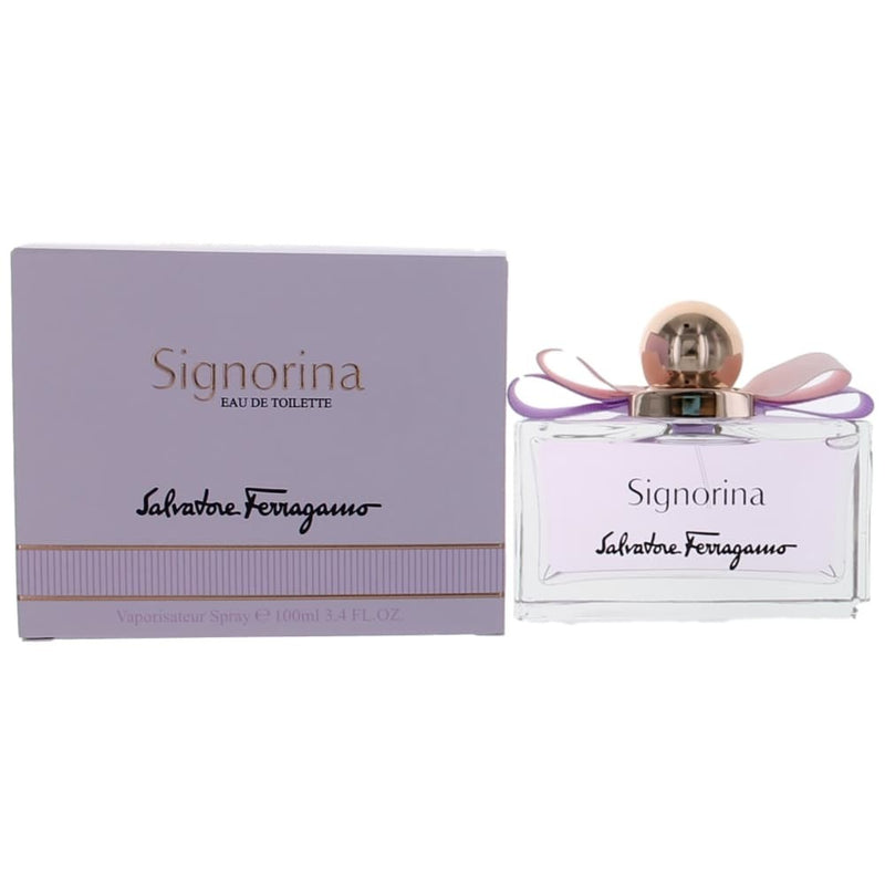 Salvatore Ferragamo Signorina 3.4 oz women's EDT spray bottle with elegant packaging and floral design visible.