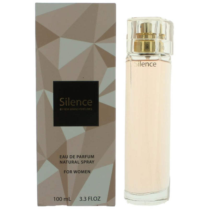 Silence by New Brand 3.3 oz women's Eau de Parfum spray bottle with elegant packaging and a sleek design.