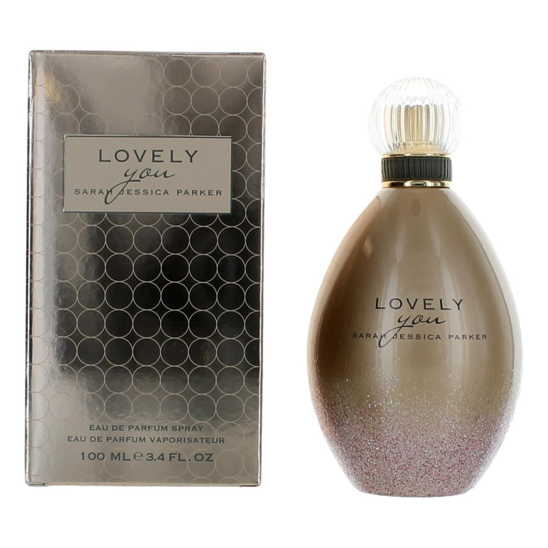 Sarah Jessica Parker Lovely You 3.4 oz EDP spray for women, elegant bottle with floral design and pink accents.