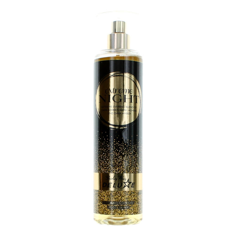Shirley May Extreme Night deluxe 8 oz perfumed body mist for women, featuring a sleek bottle design and floral fragrance.