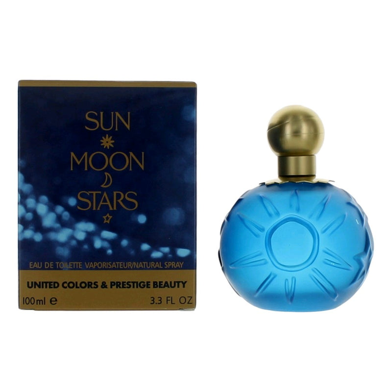 United Colors Sun Moon Stars 3.3 oz women’s EDT spray bottle with celestial-themed packaging.