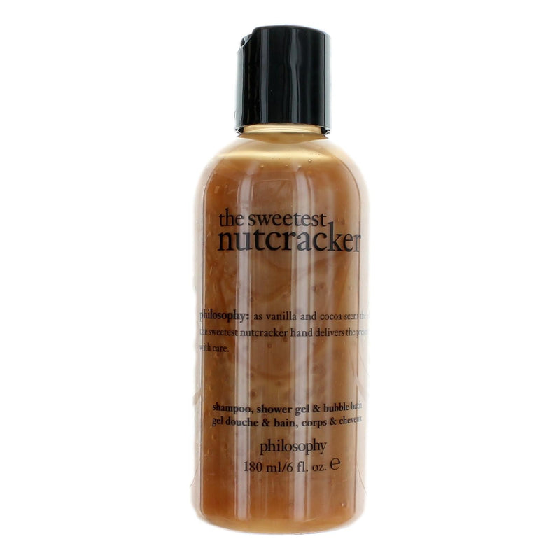 Philosophy The Sweetest Nutcracker 6oz shampoo, shower gel, and bubble bath set for women, featuring festive packaging and floral scent.