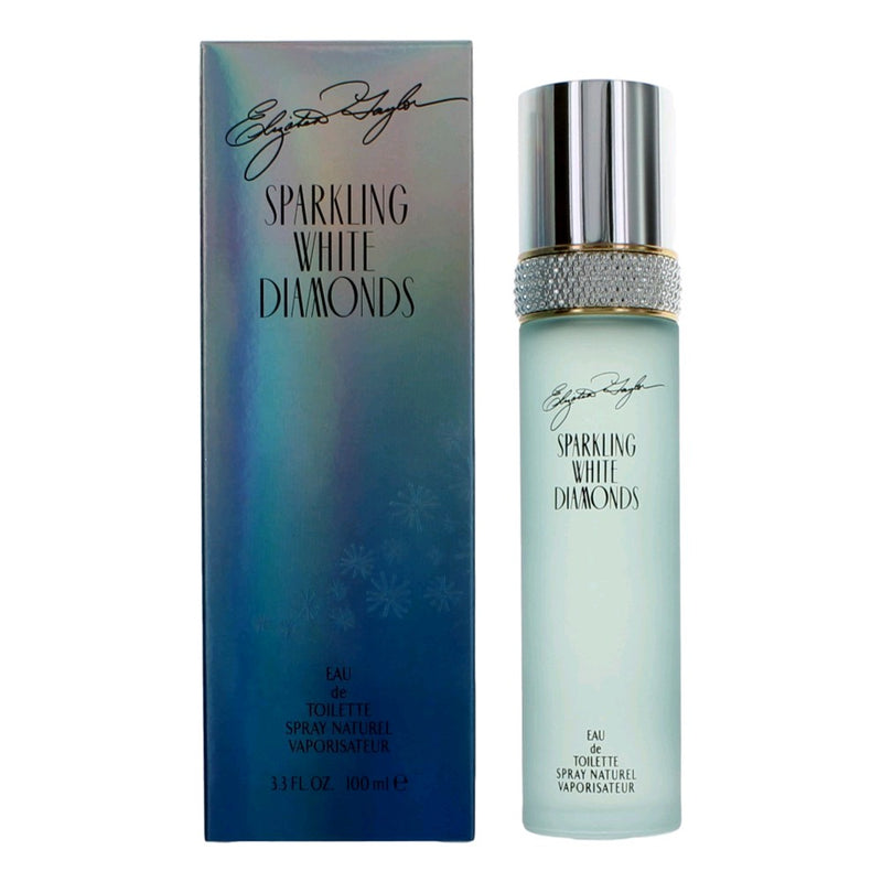 Elizabeth Taylor Sparkling White Diamonds 3.3oz women’s EDT spray bottle with elegant packaging and clear glass design.