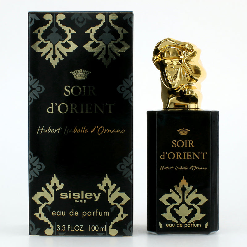 Sisley Soir D'orient 3.4 oz women's EDP spray bottle with elegant packaging and scent details visible.