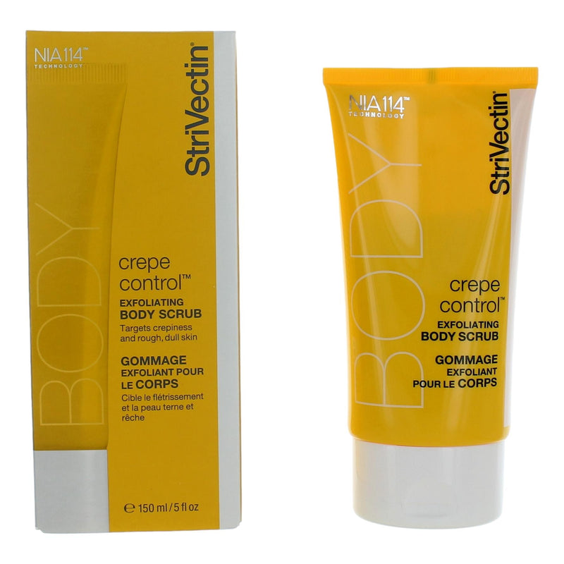 StriVectin Crepe Control exfoliating body scrub in a 5 oz tube, showing the textured physical scrub with product packaging.