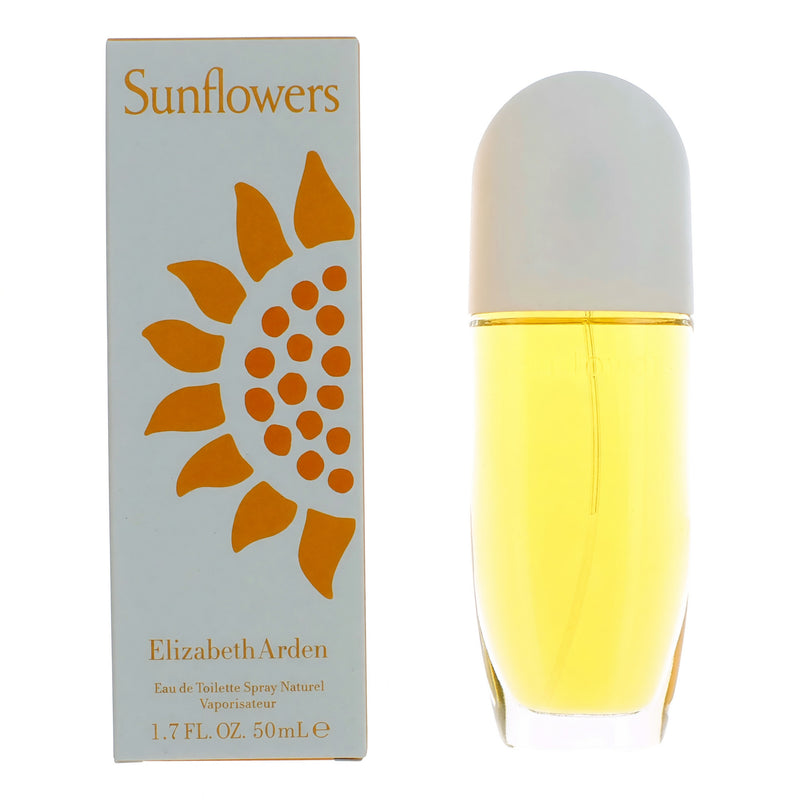 Elizabeth Arden Sunflowers 1.7 oz EDT spray for women, featuring a floral perfume bottle with yellow and green design.
