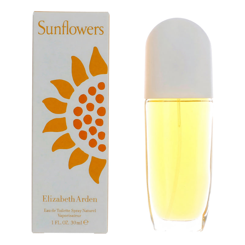 Elizabeth Arden Sunflowers 1 oz EDT spray for women, fresh floral perfume bottle with sunflower design