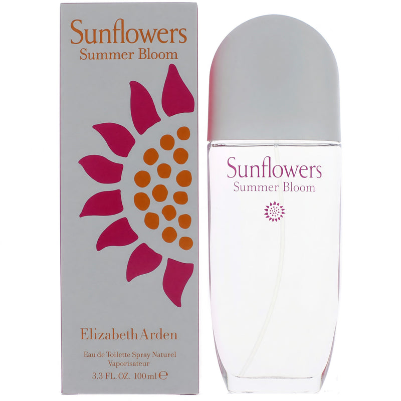 Elizabeth Arden Sunflowers Summer Bloom 3.4 oz EDT spray for women, featuring a floral perfume bottle with sunflower design.