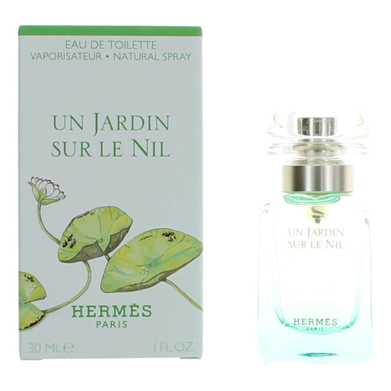 Hermes Un Jardin Sur Le Nil 1 oz women’s EDT spray bottle with floral and citrus design, elegant and compact packaging.