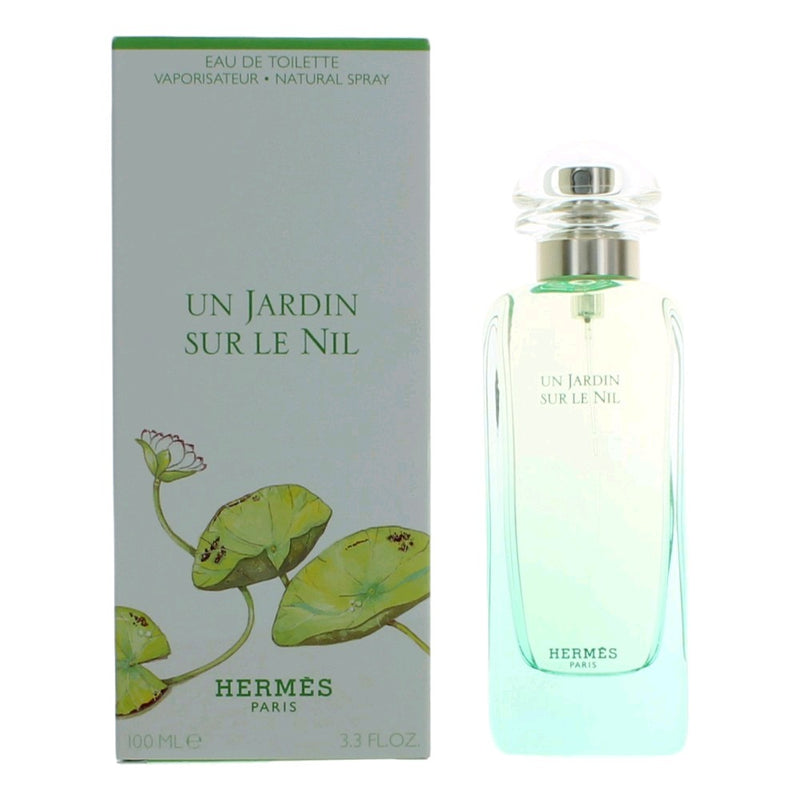 Hermes Un Jardin Sur Le Nil 3.3 oz unisex EDT spray bottle, elegant packaging with a fresh, botanical fragrance design.