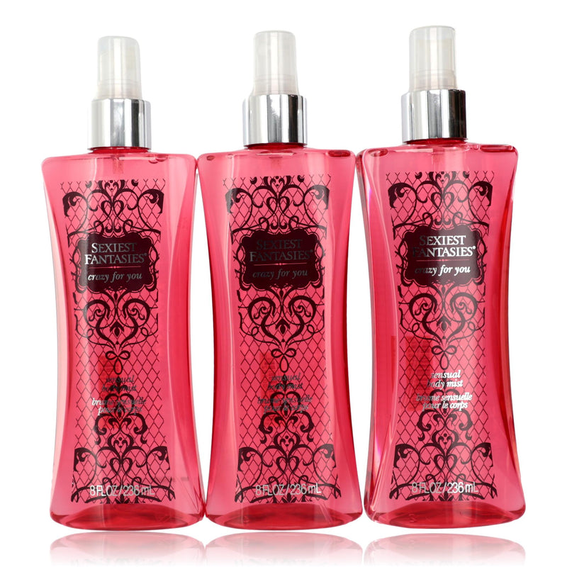 Three 8oz Parfums De Coeur Crazy for You body mists in colorful bottles, designed for women with alluring, floral scents.