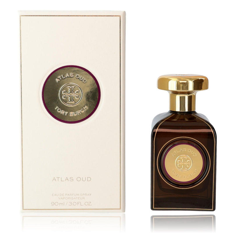 Atlas Oud by Tory Burch 3 oz EDP spray for women, elegant perfume bottle with a gold and black design.