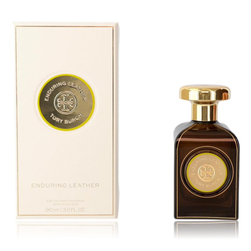 Tory Burch Enduring Leather 3 oz women's EDP spray bottle with elegant packaging and branding.