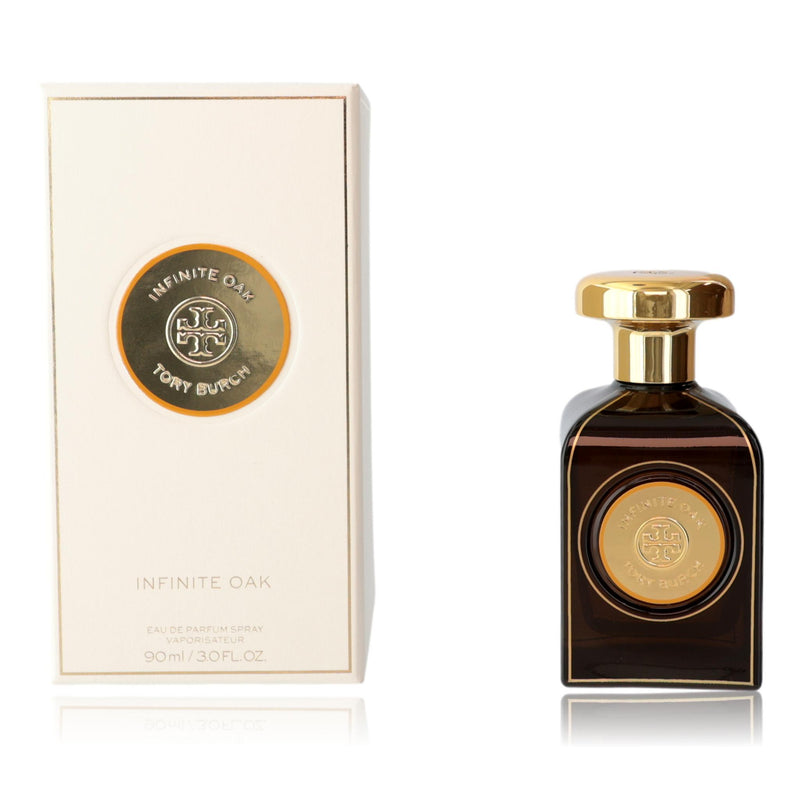 Tory Burch Infinite Oak 3 oz women's EDP spray bottle with elegant packaging and branding visible.