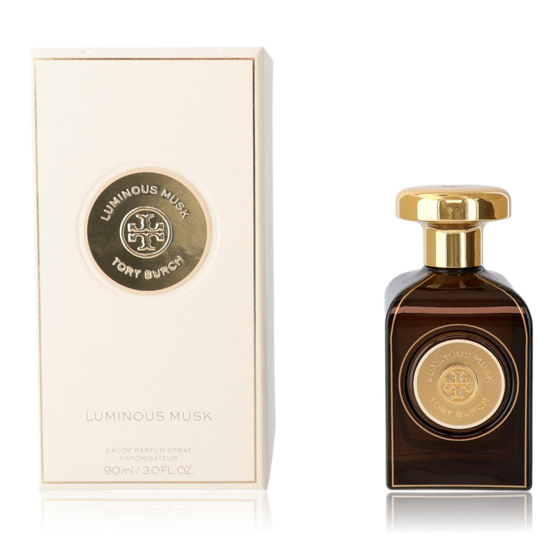 Tory Burch Luminous Musk 3 oz EDP spray for women, elegant bottle, showcasing the perfume's soft, luminous design.