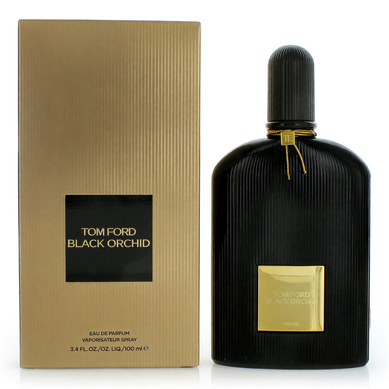 Tom Ford Black Orchid 3.4 oz unisex EDP spray bottle with black and gold packaging, luxurious floral fragrance design