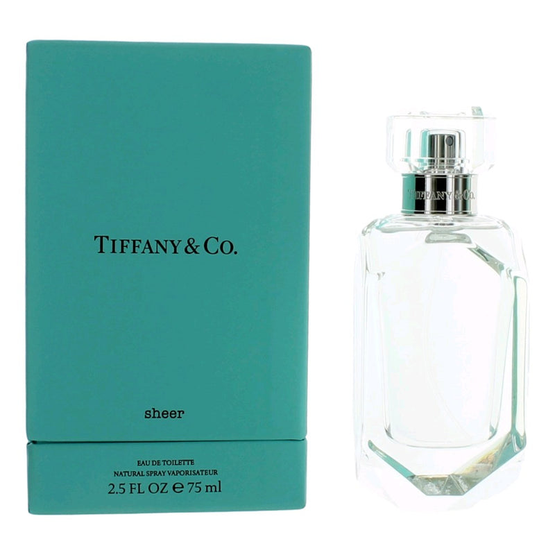 Tiffany Sheer by Tiffany 2.5 oz EDT spray for women, elegant glass bottle with silver accents, showcasing the luxurious fragrance.