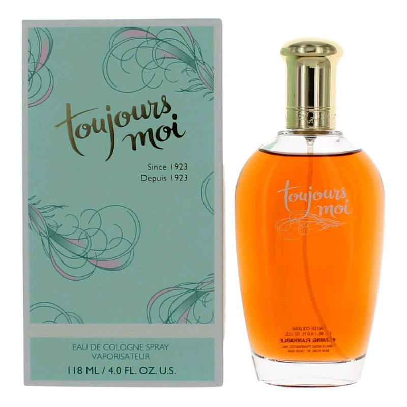 Dana Toujours Moi 4 oz Eau De Cologne spray for women, elegant glass bottle with floral design and silver cap.