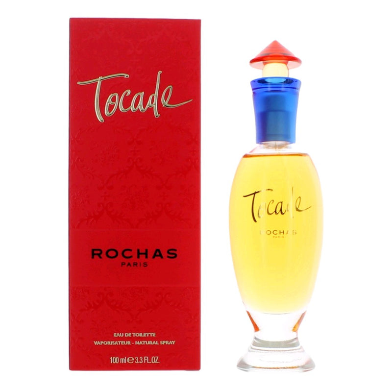 Tocade by Rochas women's 3.3 oz Eau de Toilette spray, elegant perfume bottle with floral design and cap.