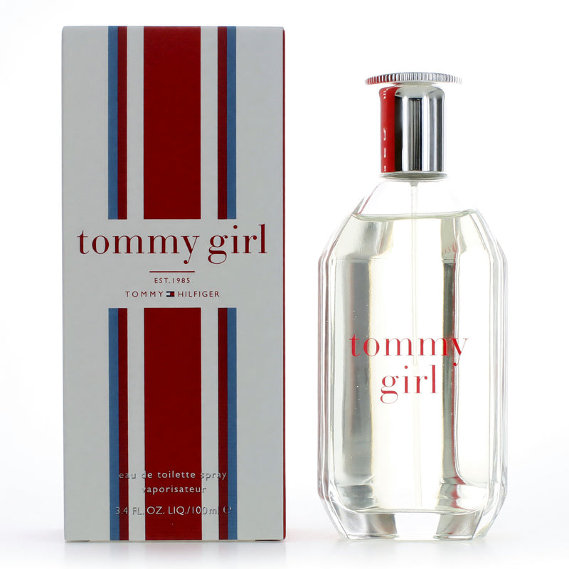 Tommy Girl by Tommy Hilfiger 3.4 oz EDT spray for women, featuring a sleek glass bottle with the brand logo and a floral design.