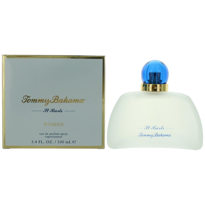 Tommy Bahama St. Barts 3.4 oz women's EDP spray bottle with elegant packaging, showcasing the perfume product.