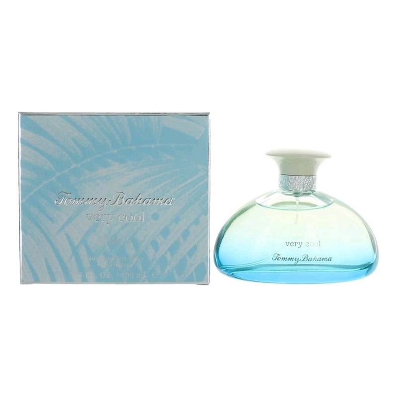 Tommy Bahama Very Cool 3.4 oz women's EDP spray bottle with sleek packaging and floral design.