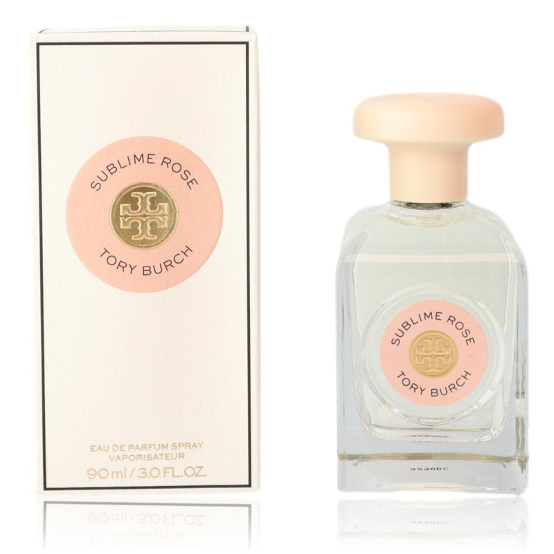 Tory Burch Sublime Rose 3 oz perfume spray for women with elegant pink and gold packaging, floral fragrance bottle.
