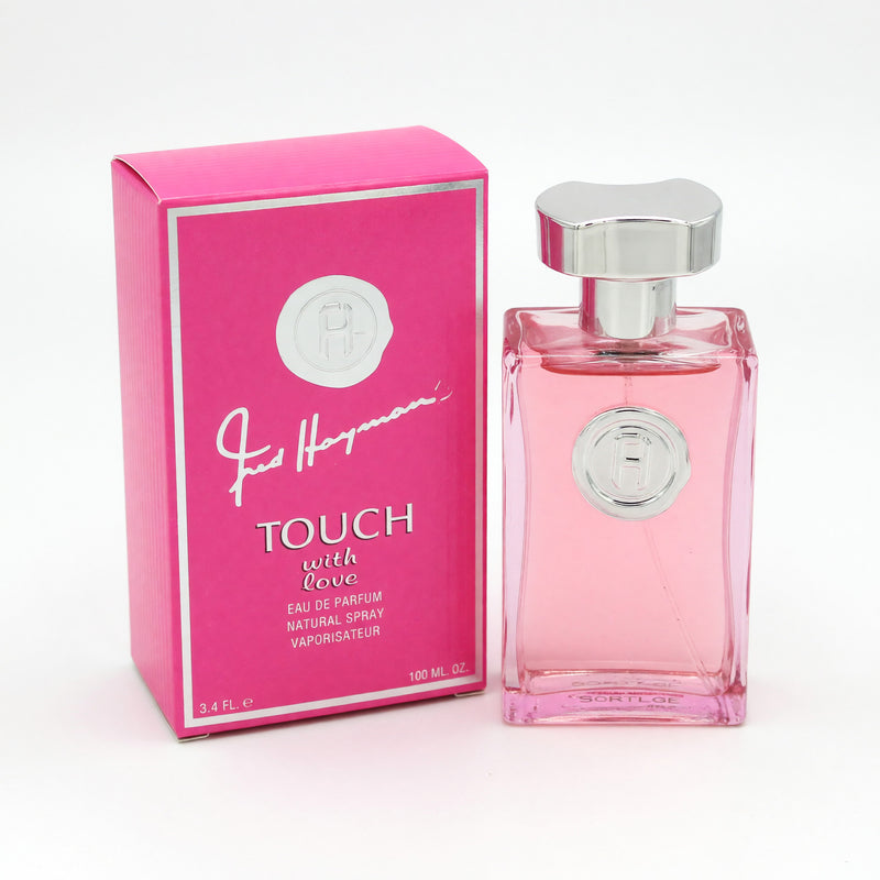 Fred Hayman Touch With Love 3.4 oz women’s EDP spray bottle with elegant design and floral accents.