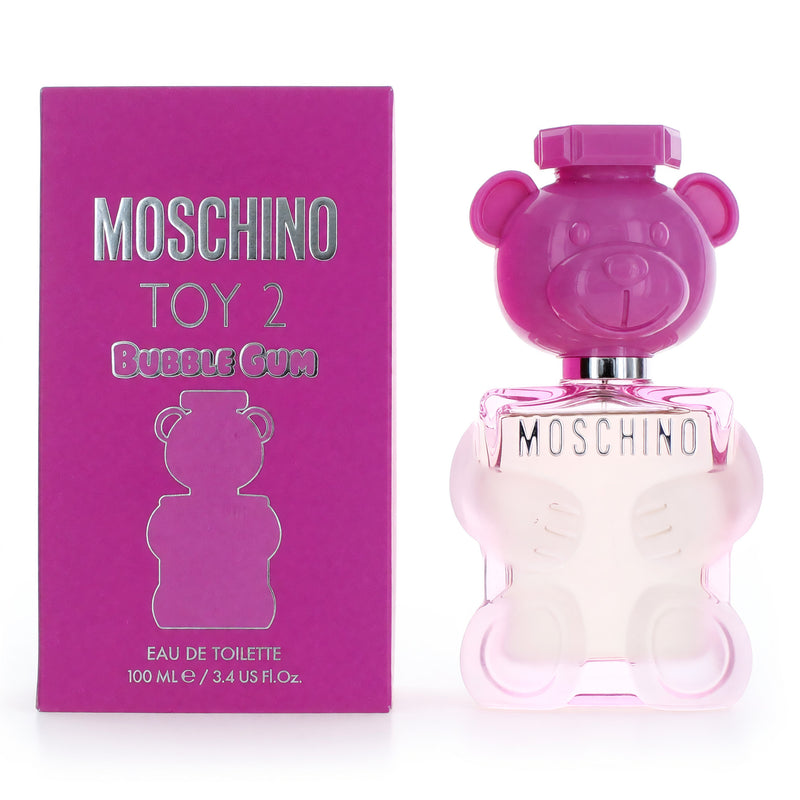 Moschino Toy 2 Bubble Gum 3.4 oz EDT spray for women, featuring playful packaging and pink accents on the bottle.