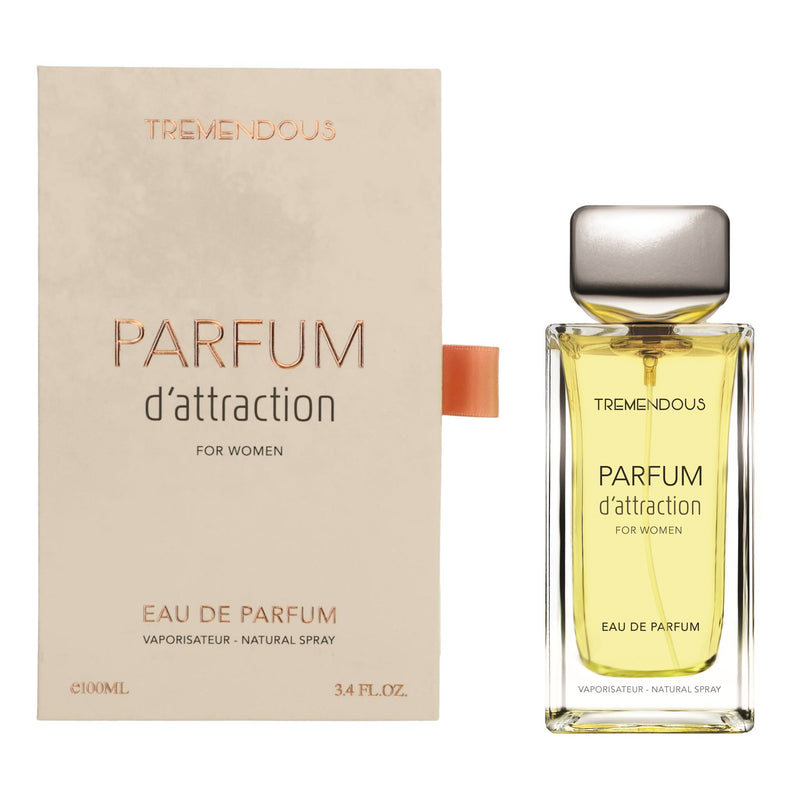 Tremendous Parfums Parfum D'Attraction 3.4 oz EDP spray for women, elegant bottle with floral and fruity notes visible