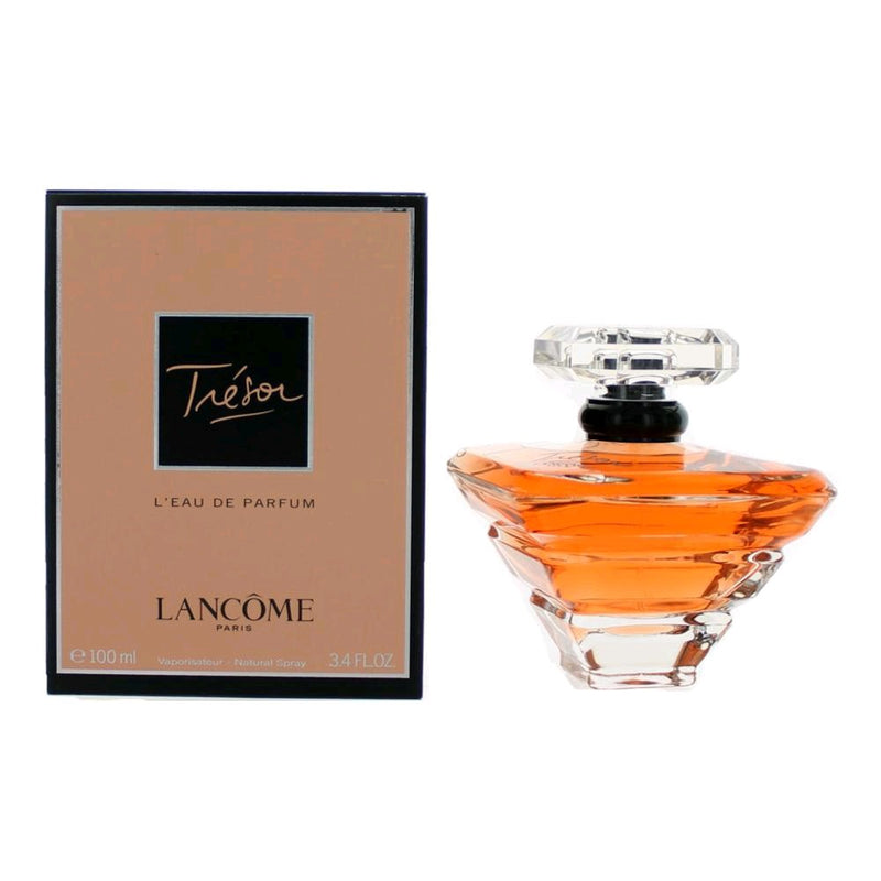 Lancome Tresor 3.4 oz women's Eau de Parfum spray with elegant bottle and floral design.