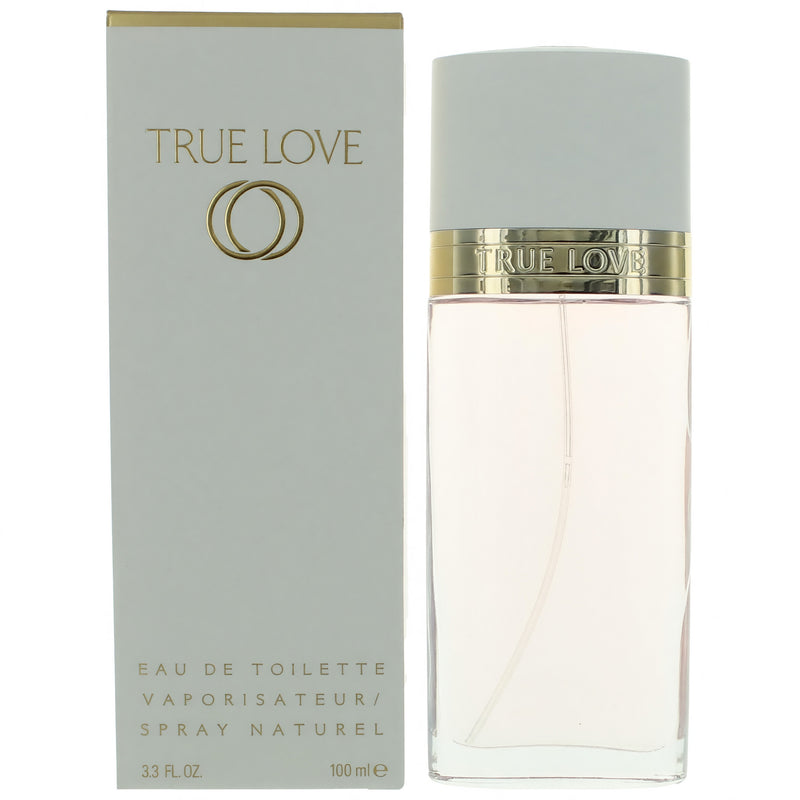 True Love women's 3.3 oz EDT spray bottle with elegant packaging and floral design, representing the True Love fragrance.