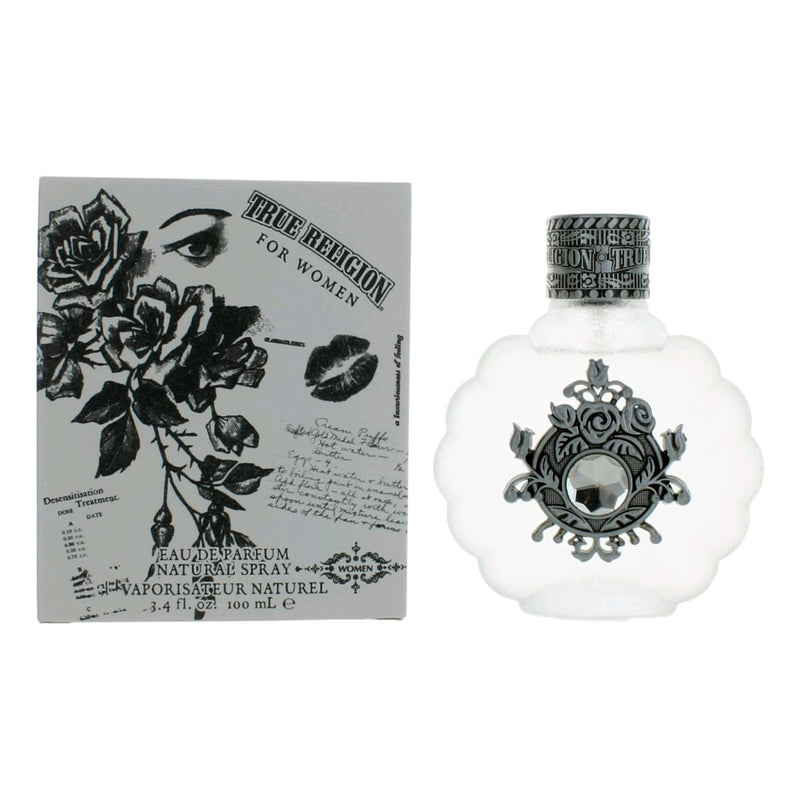 True Religion women's 3.4 oz EDP spray bottle, featuring the brand's signature fragrance design and packaging.