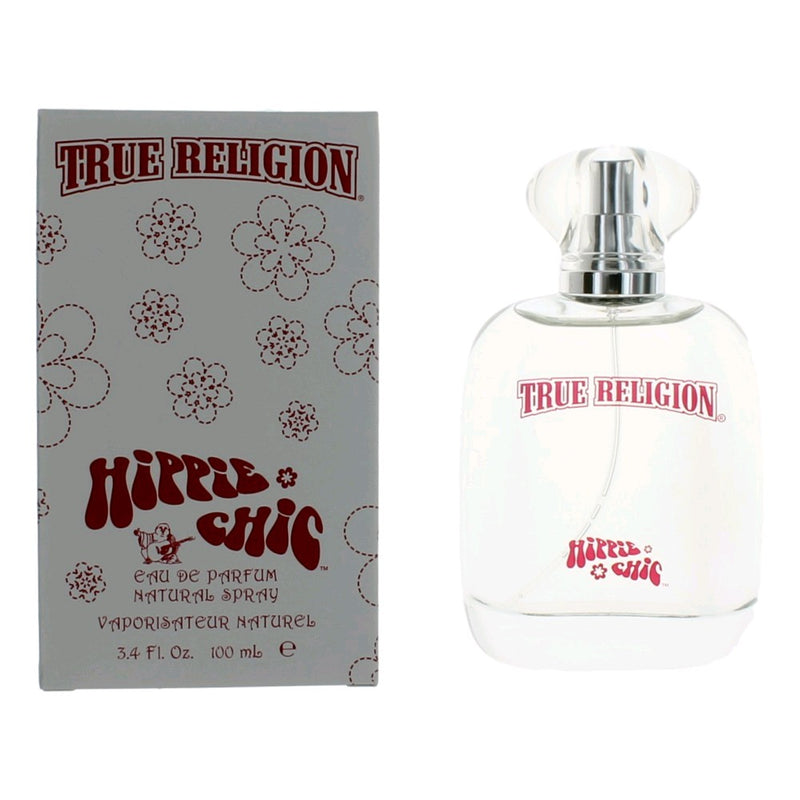 True Religion Hippie Chic 3.4 oz women's EDP spray bottle with floral and bohemian-inspired packaging.