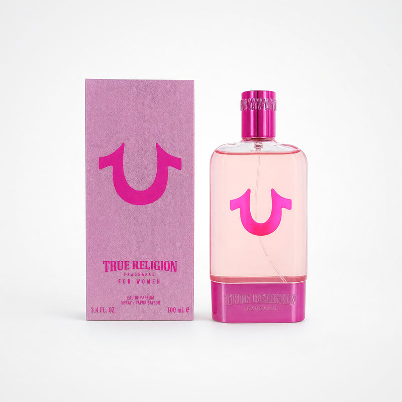 True Religion Pink women's 3.4 oz EDP spray bottle, floral fragrance with pink accents and sleek packaging design