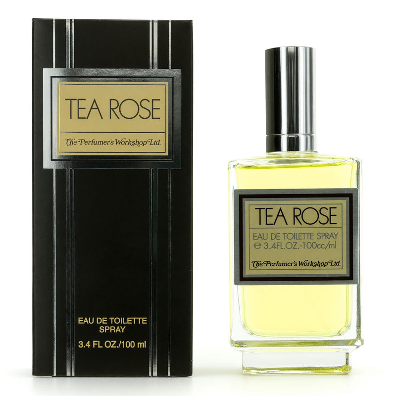 Perfumer's Workshop Tea Rose 3.4 oz women’s EDT spray with floral rose scent, featuring a sleek bottle design.