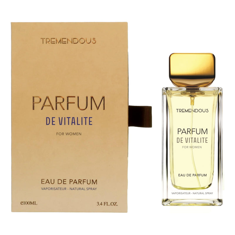 Tremendous Parfums Parfum De Vitalite 3.4 oz EDP spray for women, featuring a sleek bottle and elegant design.