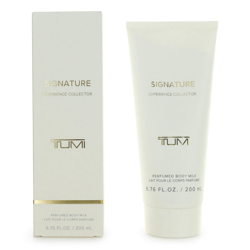 Tumi Signature Experience Collector perfumed body milk for women in 6.76oz bottle, featuring elegant packaging and a luxurious scent