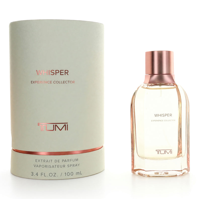 Tumi Whisper Experience Collector 3.4oz Extrait de Parfum spray for women, elegant bottle with silver accents.