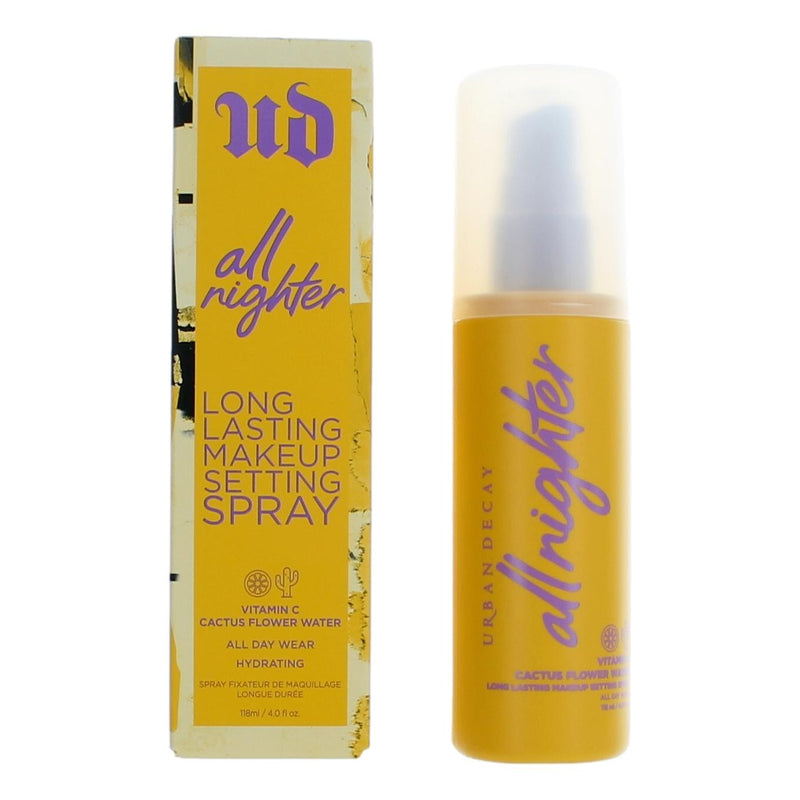Urban Decay All Nighter setting spray with Vitamin C in a 4oz bottle, featuring a sleek black pump and clear label.