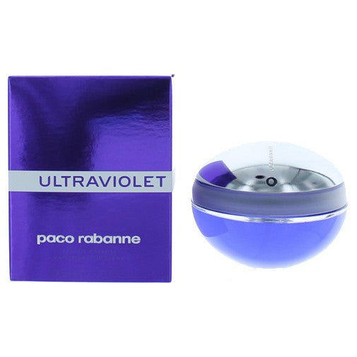 Paco Rabanne Ultraviolet 2.7 oz women's EDP spray bottle with sleek packaging and black cap.