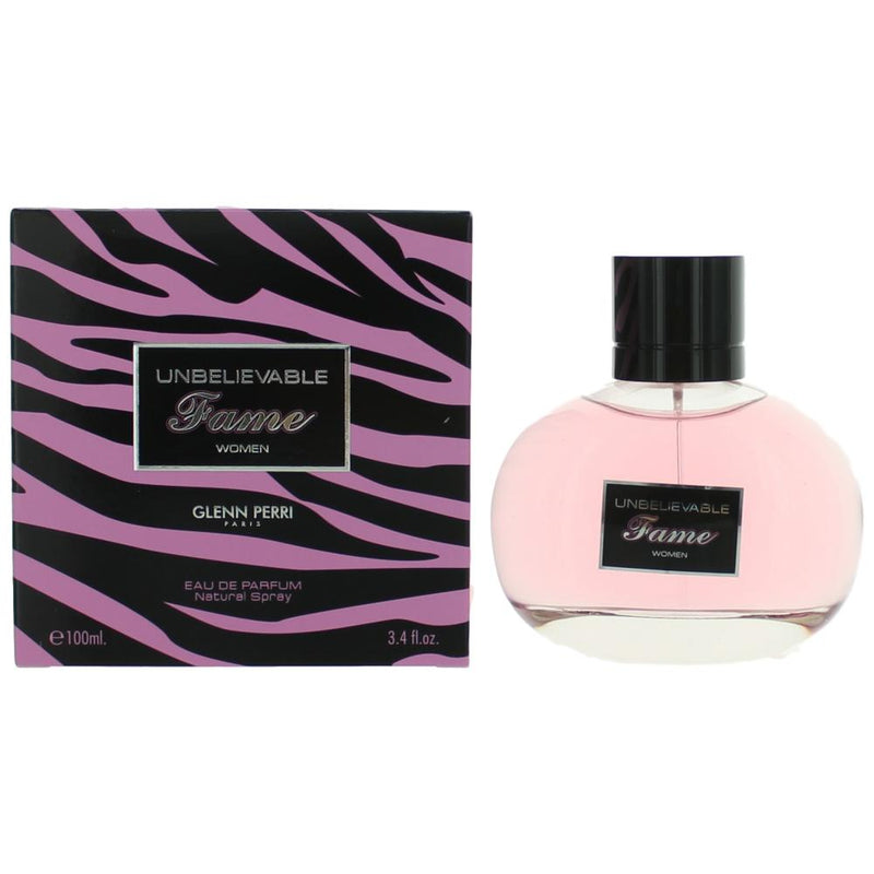 Unbelievable Fame by Glenn Perri 3.4 oz women's EDP spray, elegant glass bottle with floral design for women.