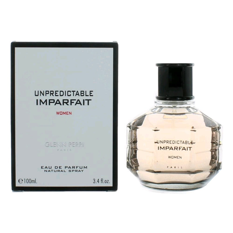Glenn Perri Unpredictable Imparfait 3.4 oz EDP spray for women, featuring a sleek bottle design and floral and woody fragrance notes.