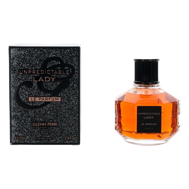 Unpredictable Lady Le Parfum by Glenn Perri, 3.4 oz EDP spray for women, elegant bottle with floral design.