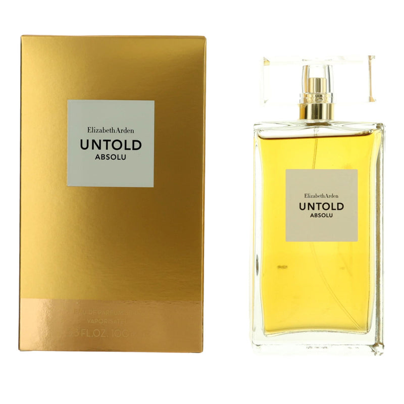 Elegant 3.3 oz Elizabeth Arden Untold Absolu EDP spray for women, featuring a sleek bottle and sophisticated fragrance design.